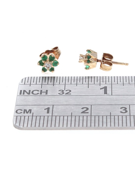 Emerald and Diamond Flower Stud Earrings in Yellow Gold